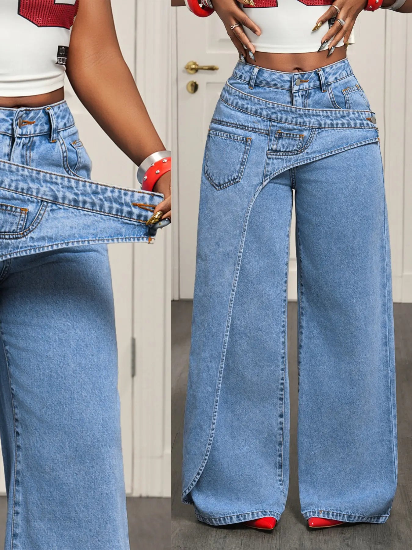 Women's Casual Denim Long Pants, Elegant Plain Pattern, Loose-Fitting, All-Season Fashion, Trendy Asymmetrical Design