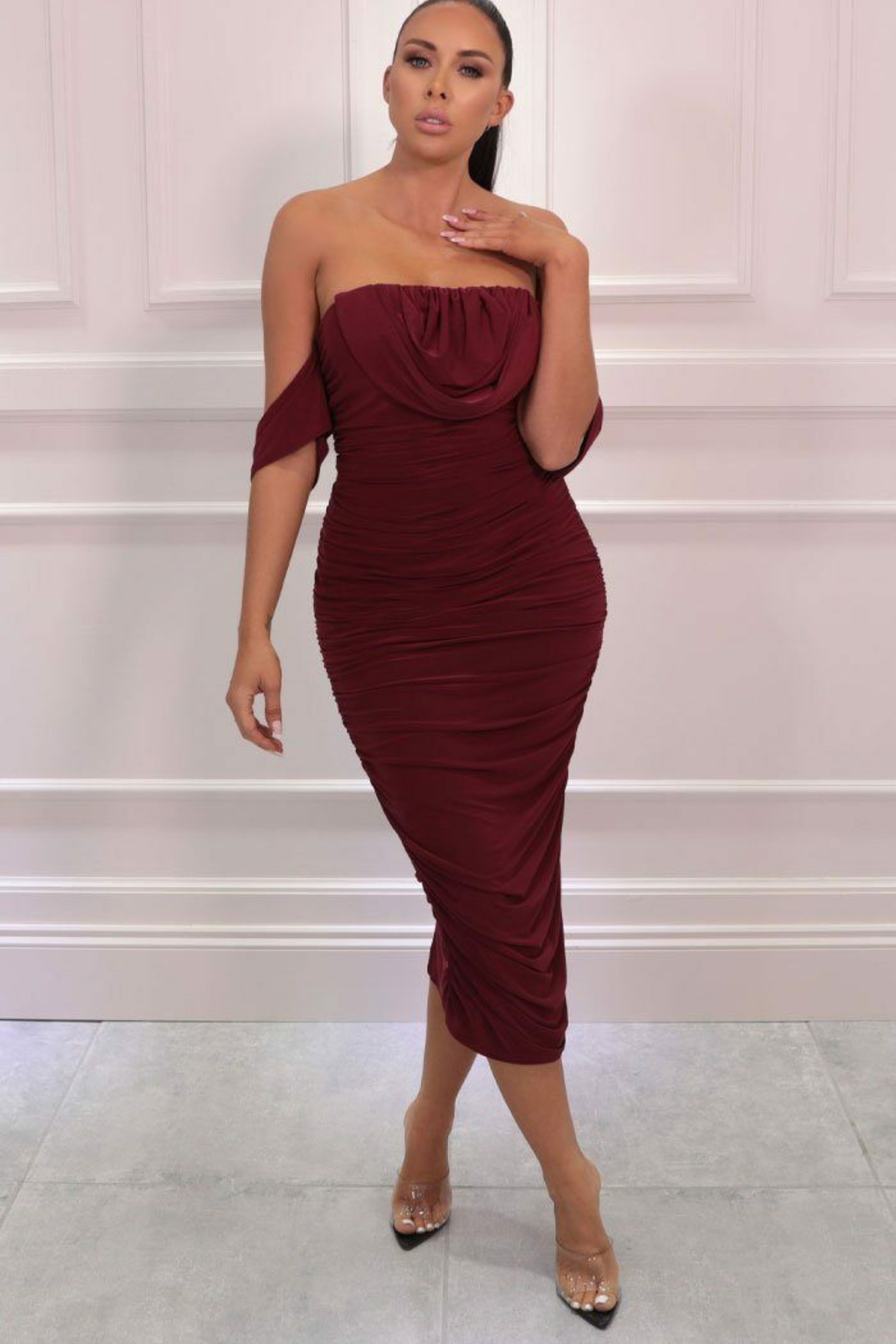 Bardot Cowl Neck Ruched Midi Dress