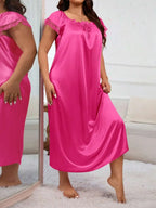 MuseNap CURVE Plus Size Women Pleated Square Collar Embroidered Satin Nightgown
