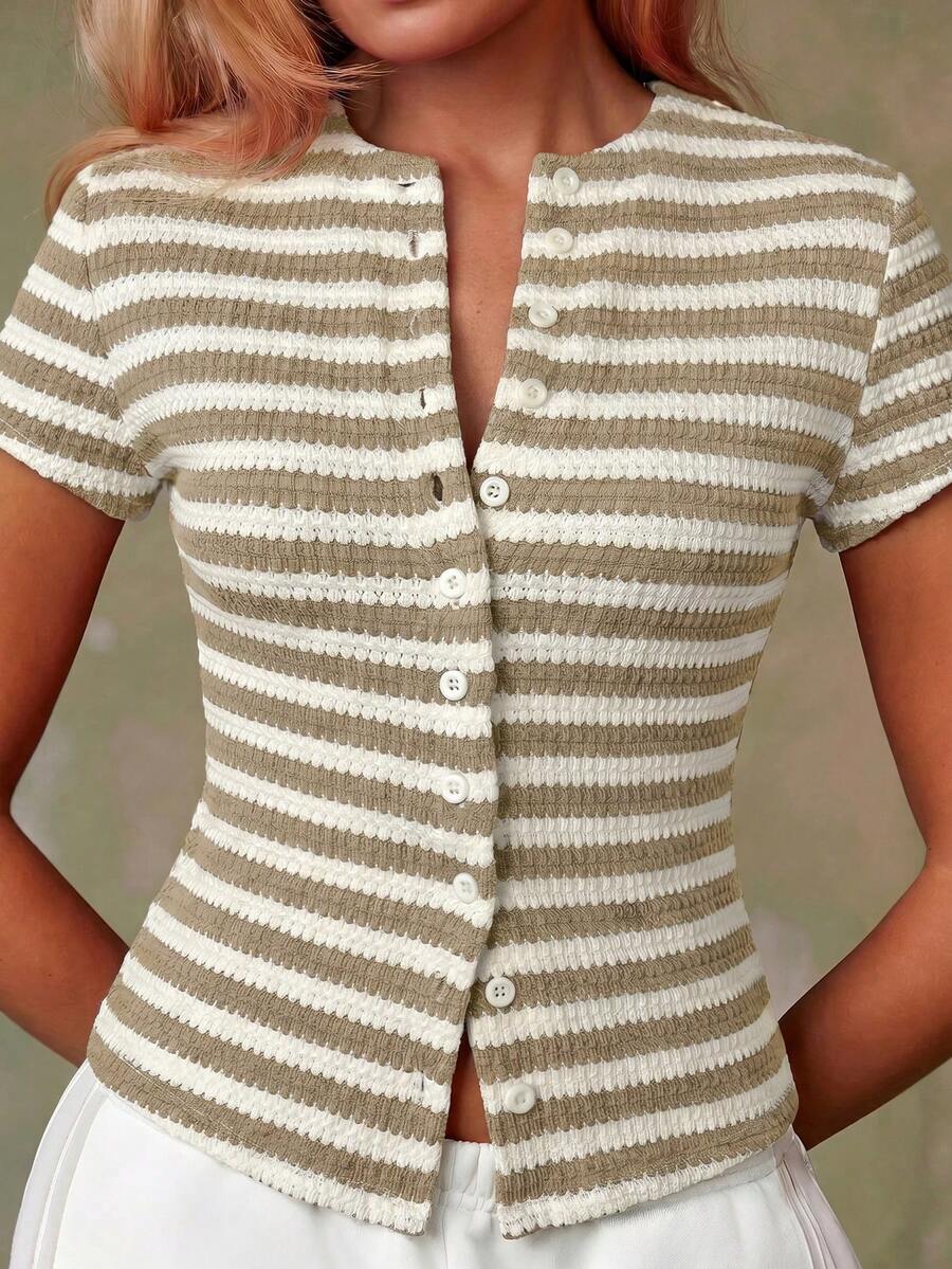 Women's Casual Red Single-Breasted Short Sleeve Fitted Top,Red Top,Christmas, Cute Vacation,Resort Wear,Summer Holiday,Spring,Spring Break,Beach
