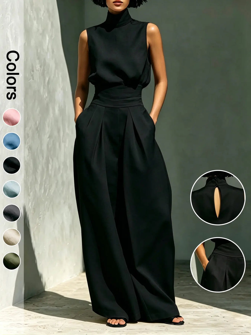Women's High-Neck Sleeveless Top and High-Waist Wide-Leg Pants Two-Piece Set, Elegant Chic Formal Outfit for Fashionable Ladies, Clothes
