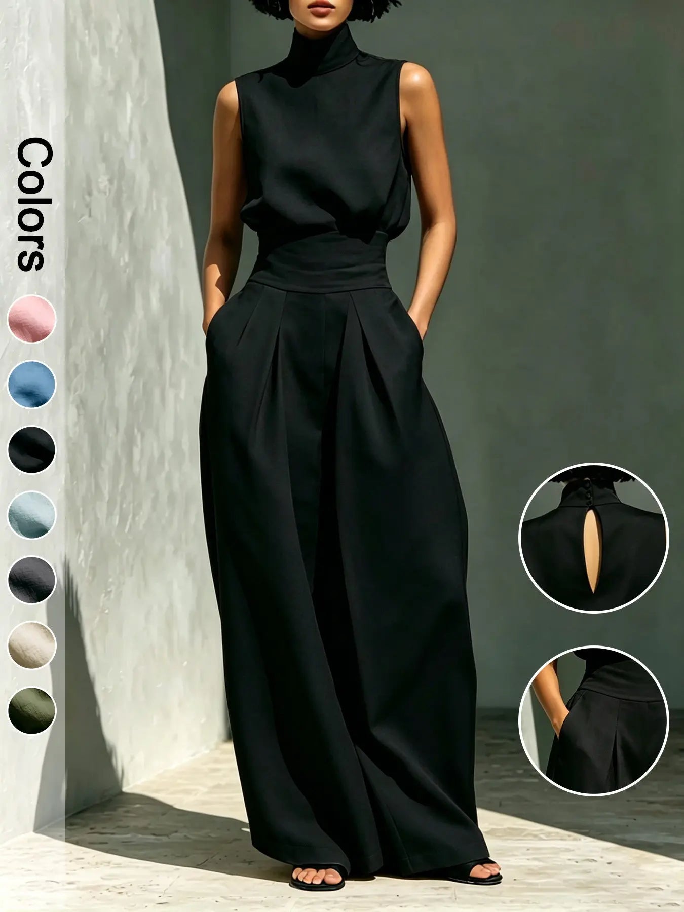 Women's High-Neck Sleeveless Top and High-Waist Wide-Leg Pants Two-Piece Set, Elegant Chic Formal Outfit for Fashionable Ladies, Clothes