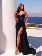 Elegant Sequin Spaghetti Strap Rhinestone Patchwork Fishbone High Waist High Slit Tie Back Open Back Evening Dress Fall