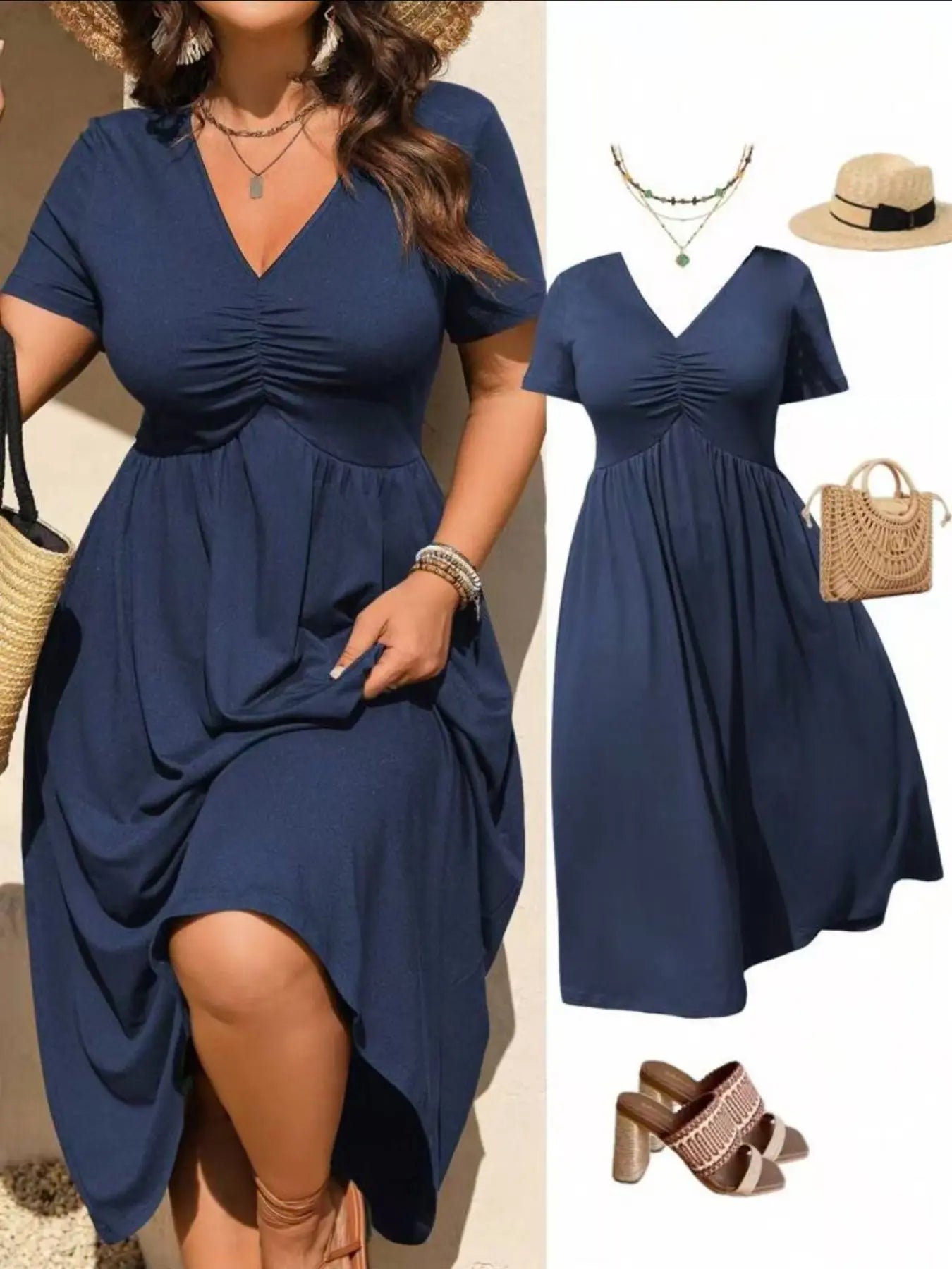 Plus Size V-Neck Ruched Bra Top Short Sleeve Midi Dress, Casual Summer Flowy A-Line Skirt, Women's Fashion Clothing