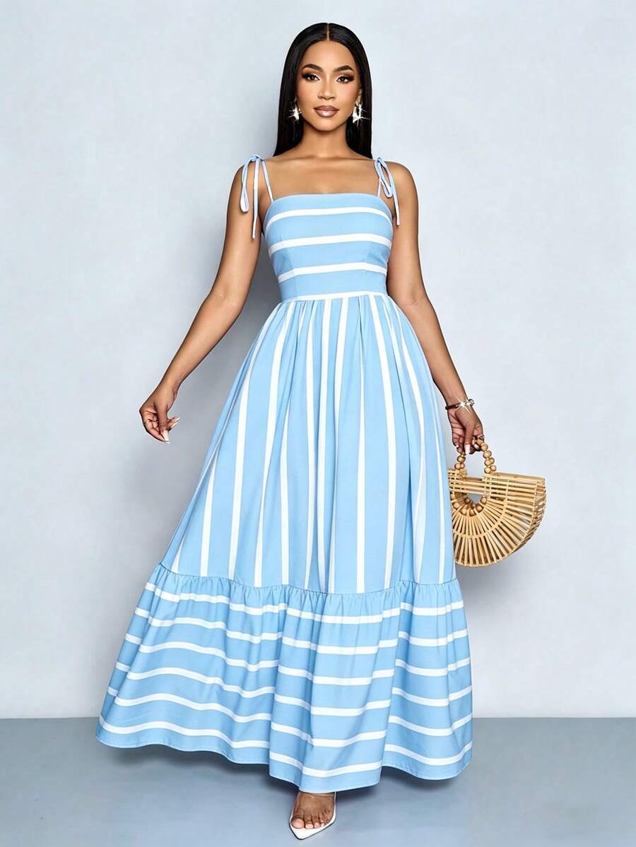 Women's Blue And White Stripe Flowing Maxi Dress,Summer Elegant Holiday Tea Party Holiday,Shoulder Straps Chest Gathering,Beach Casual Gown