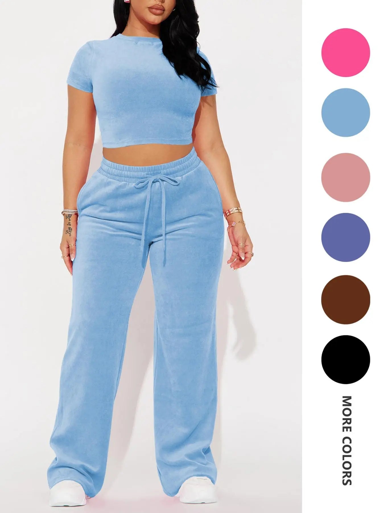 Two-piece Set Women's Solid Crop Tee & Drawstring Waist Pants Velvet Set, Casual Short Sleeve Round Neck T-shirt & Elastic Waist Trousers, Ladies Summer Clothes, Casual Matching Set