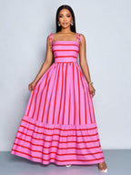 Women's Blue And White Stripe Flowing Maxi Dress,Summer Elegant Holiday Tea Party Holiday,Shoulder Straps Chest Gathering,Beach Casual Gown