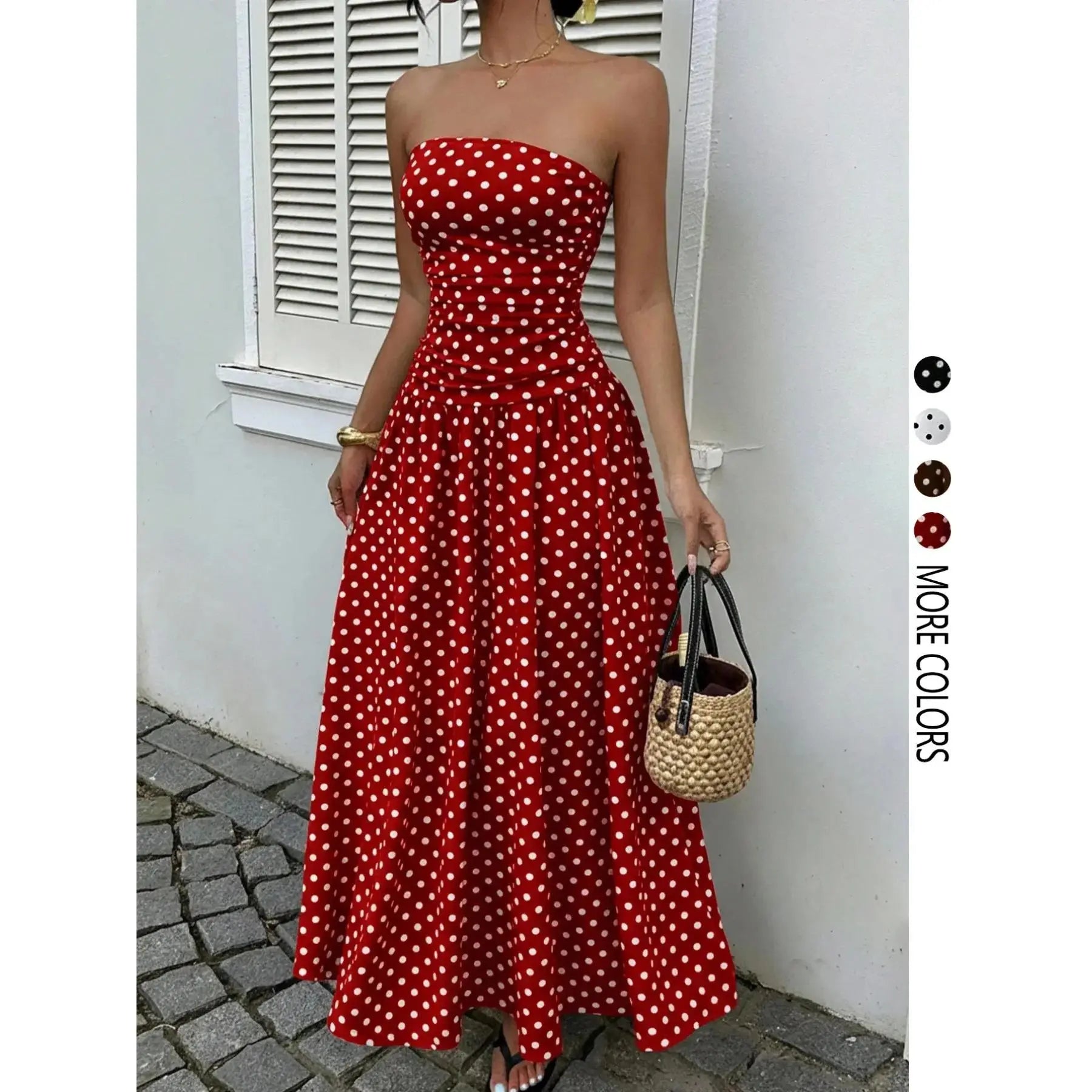 Women's Elegant Chic Fashion Polka Dot Strapless Dress, Stylish Sleeveless Maxi Dress for Parties and Casual Wear