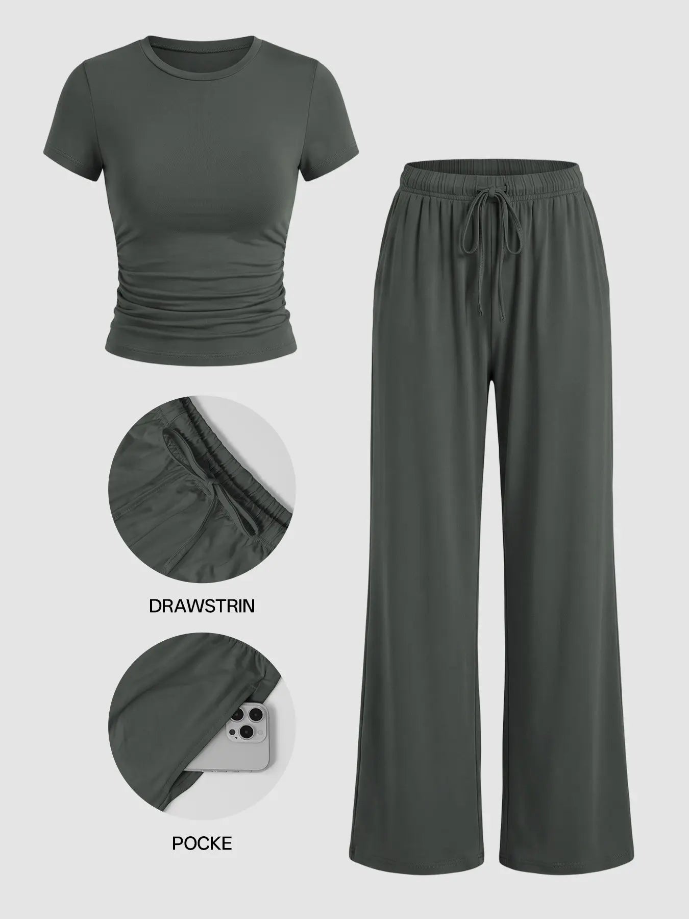 Ladies Autumn Casual Home Lounge Set, High Stretch Soft Fabric, Crew Neck, Wide Leg Tracksuit Pants, 2-Piece, Comfortable & Flattering