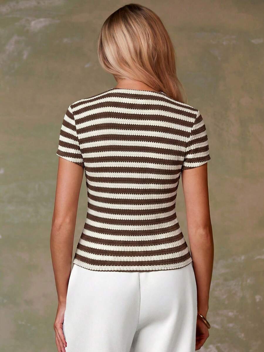 Women's Casual Red Single-Breasted Short Sleeve Fitted Top,Red Top,Christmas, Cute Vacation,Resort Wear,Summer Holiday,Spring,Spring Break,Beach