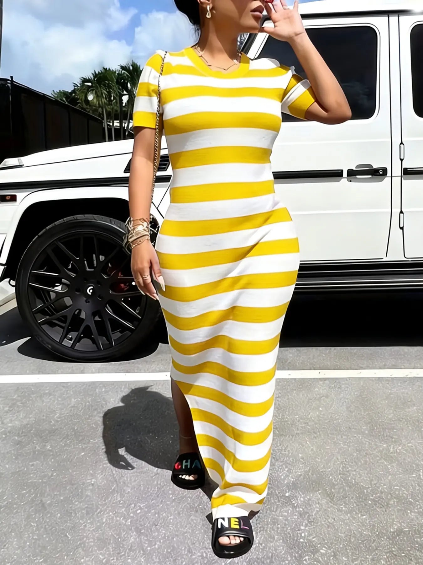 European Women's Summer New Fashion Chic Casual Striped Long Dress, Sleeveless Fitted Floral Pattern, Trendy Ladies' Clothing