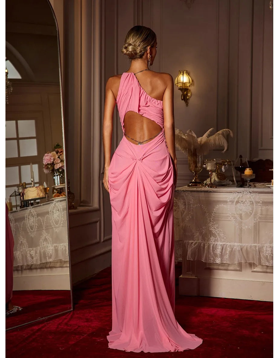 Daiki Halterneck Ruched Maxi Dress In Champagne
