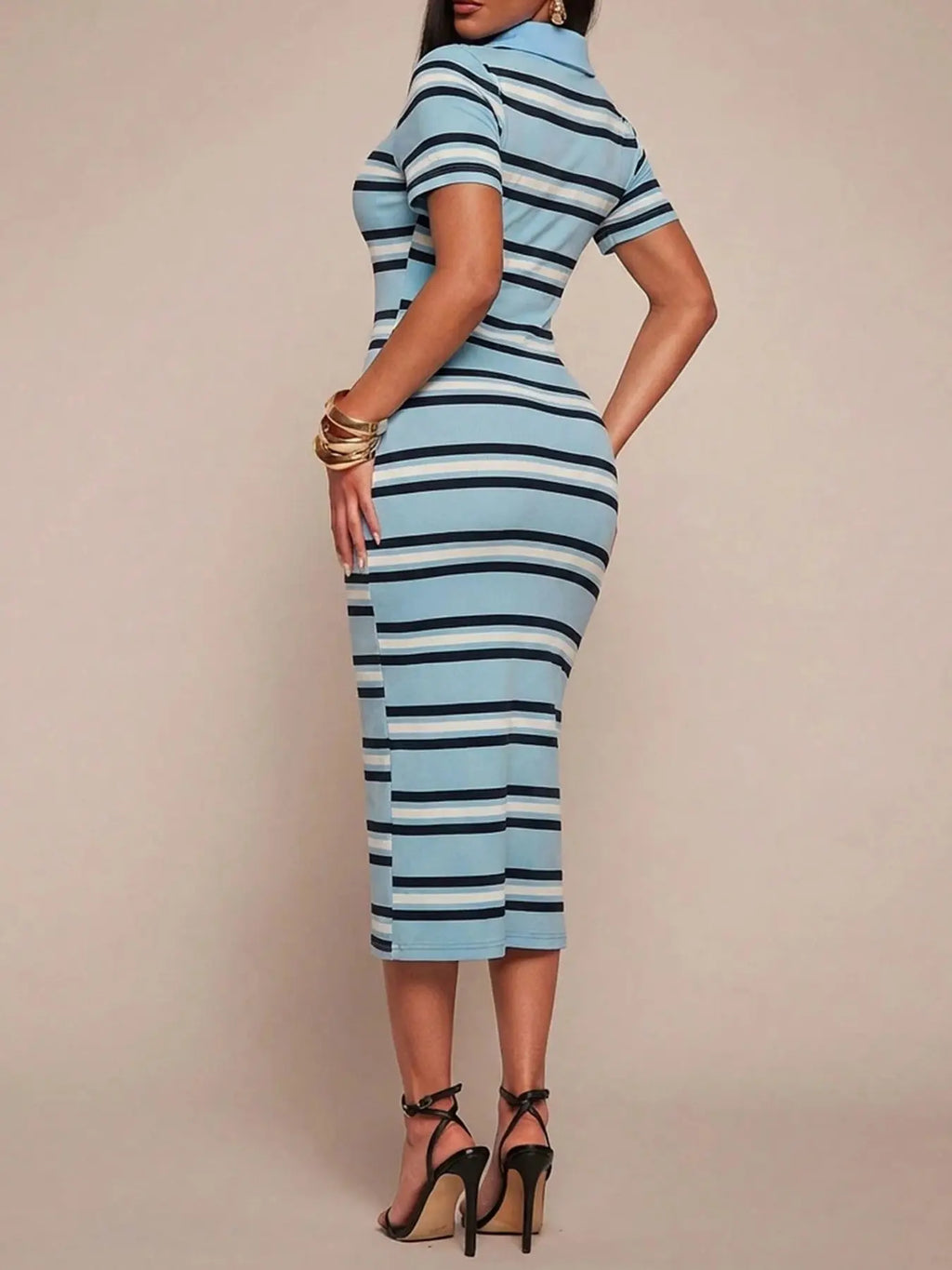 Women's Knit Striped Polo Midi Dress, Short Sleeve, Button Placket, Contrast Color, Daily Casual Date & Party Wear, Breathable Stretchy & Soft, Retro Street Style