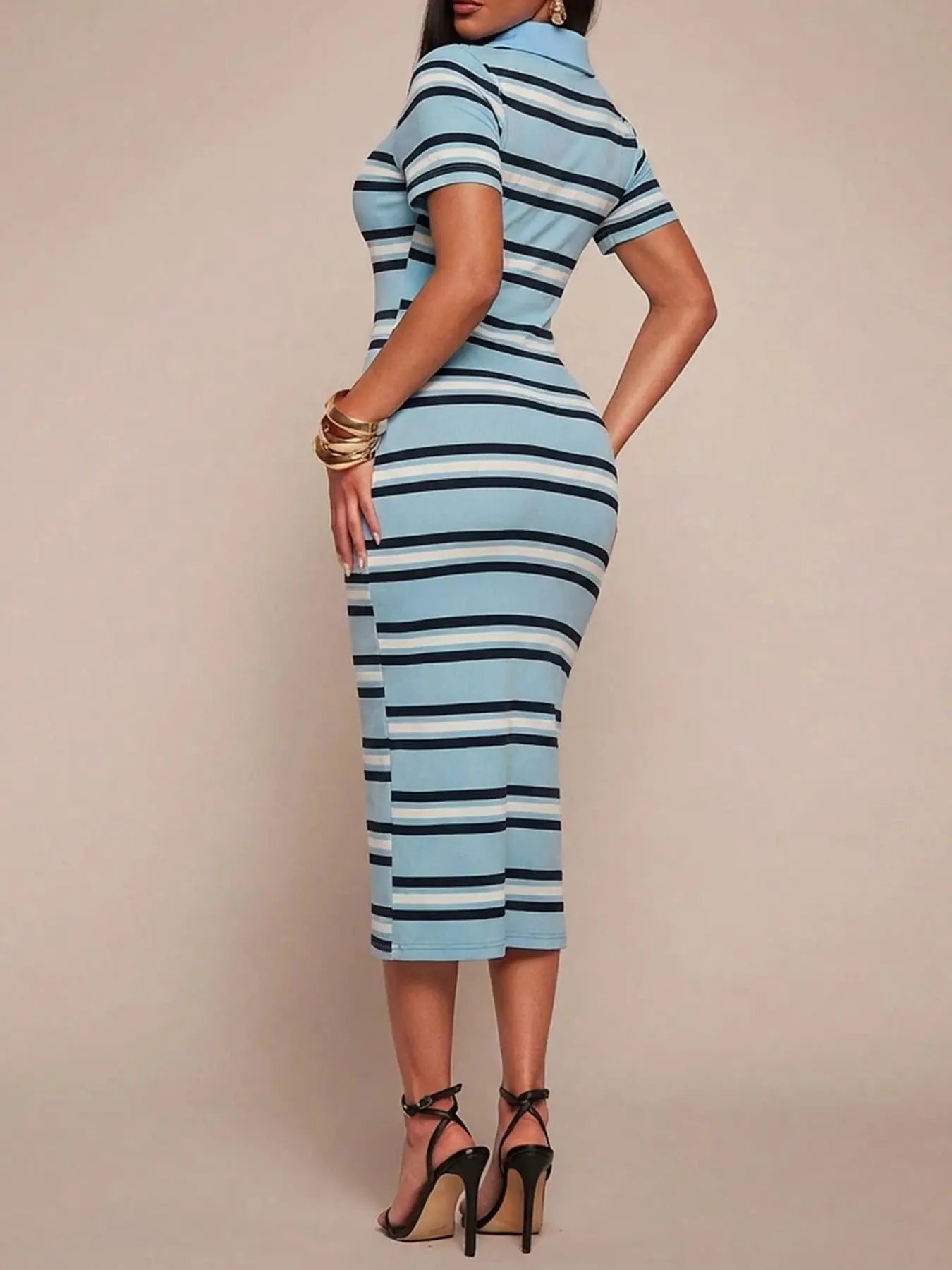 Women's Knit Striped Polo Midi Dress, Short Sleeve, Button Placket, Contrast Color, Daily Casual Date & Party Wear, Breathable Stretchy & Soft, Retro Street Style