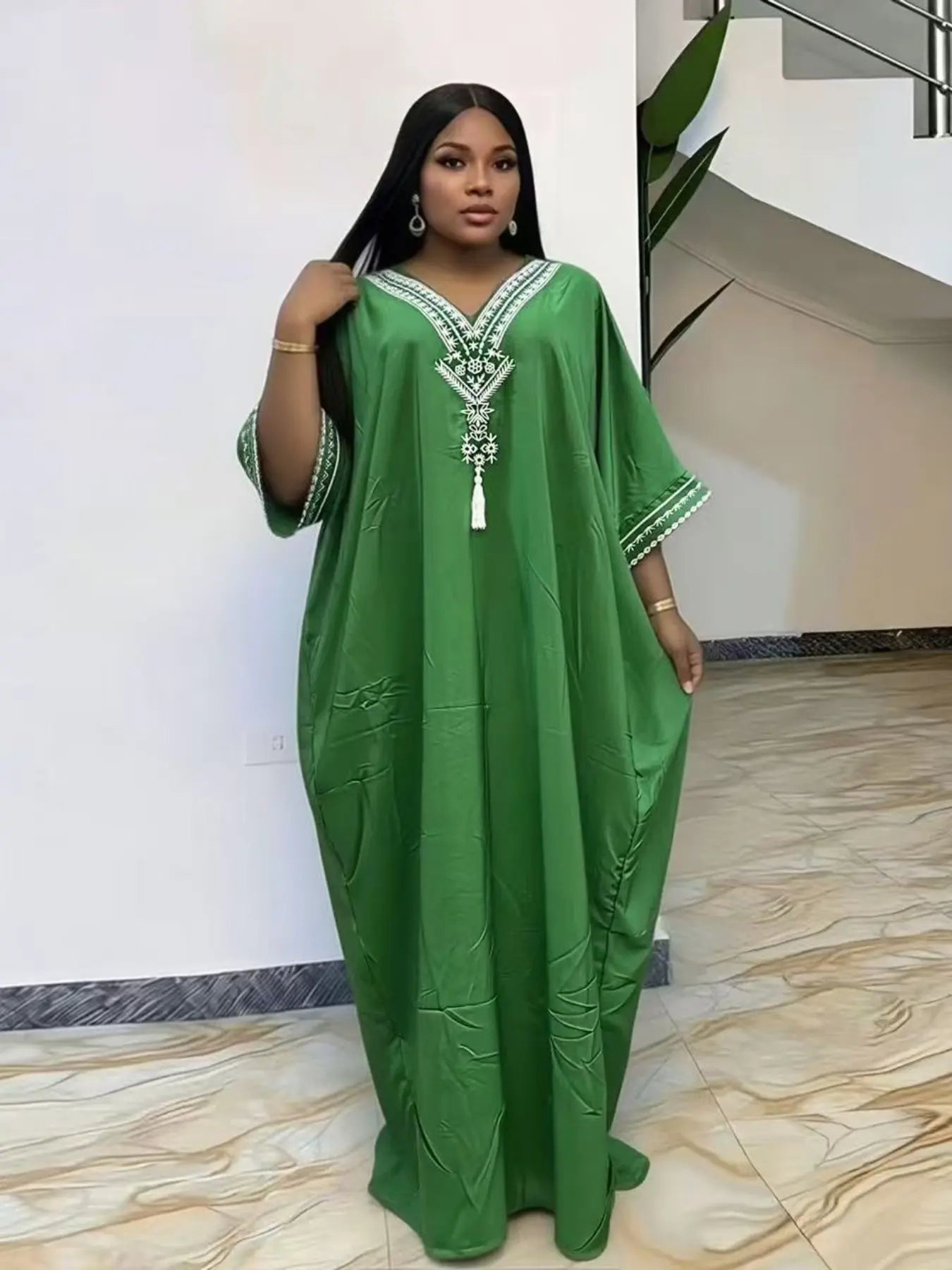 Women's Summer Solid Color Embroidered Fringe Caftan Casual Dress with Pockets and Side Slit