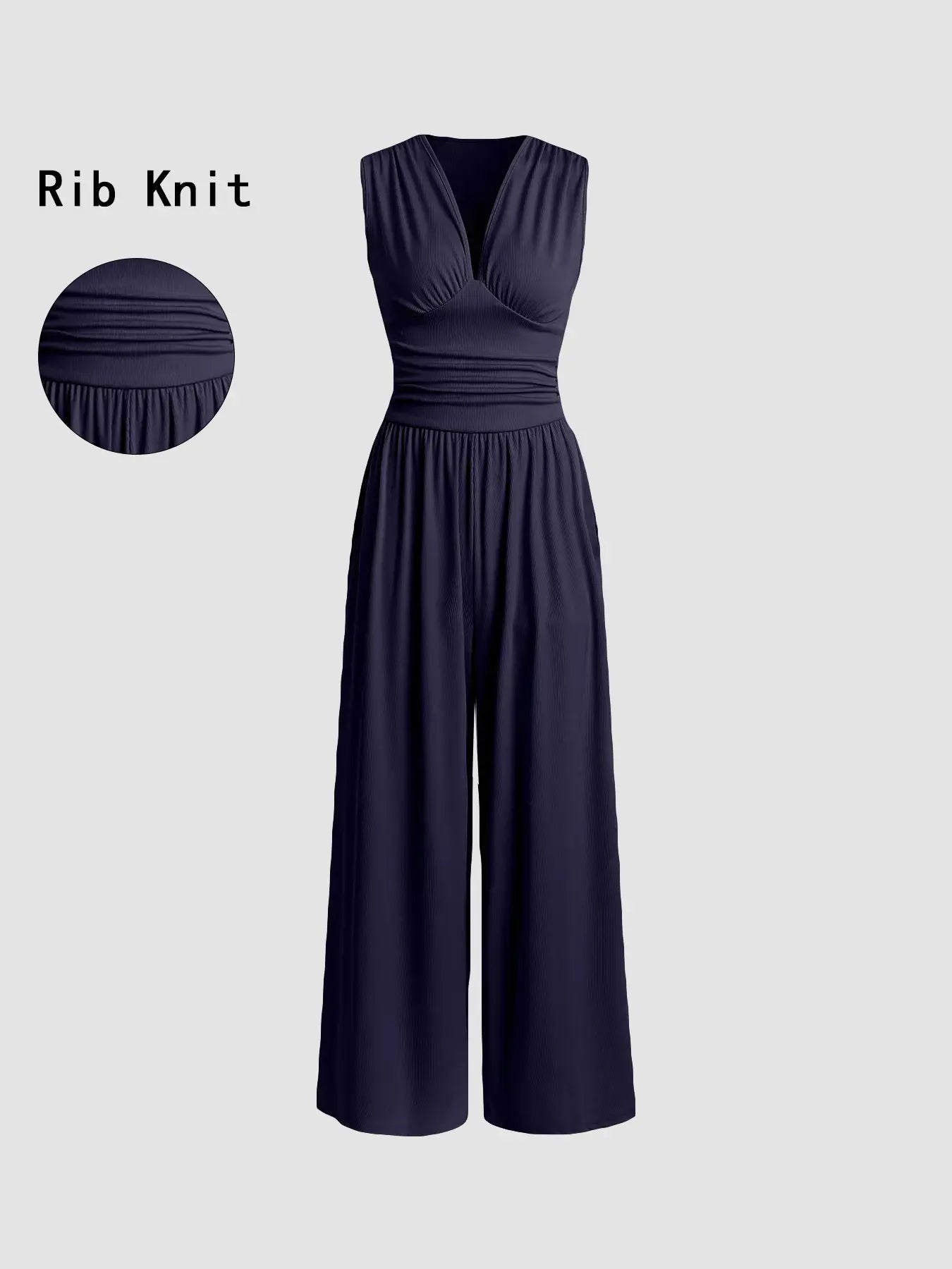 Women's Plain Ruched Deep V Neck Wide Leg Jumpsuit, Sleeveless Ribbed Jumpsuit for Daily Wear, Ladies Clothes for All Seasons, Casual Basic Jumpsuit, Casual Jumpsuits
