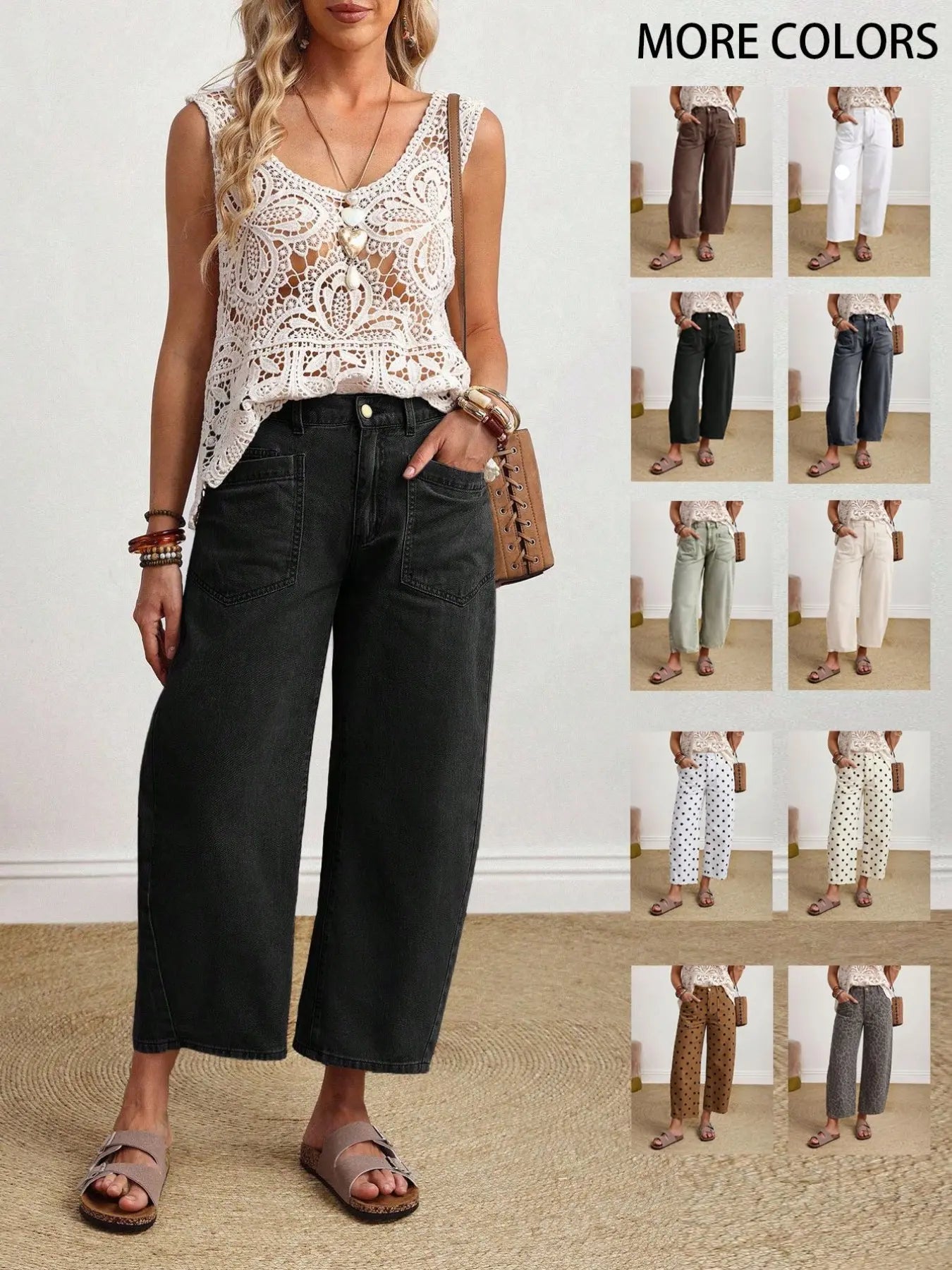 Coffee Color Patch Pocket Lantern Jeans, Casual Comfy Jeans, High Waist Loose Fit Retro Vacation Style Casual Pants