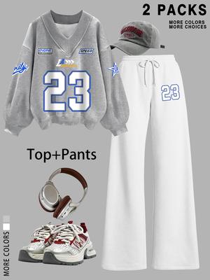 Women's V Neck Sweater Pants Set, Fashionable Digital Bowknot Print, Straight Leg Elastic Waist, Casual Long Sleeve Pullover