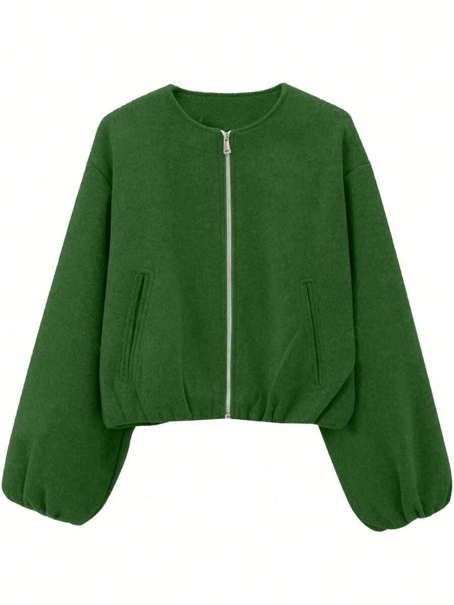 Women's Baseball Jacket Bomber Jacket Street Style Round Neck Drop Shoulder Lantern Sleeve Zip-Up Outerwear, Autumn/Winter Spring