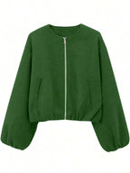 Women's Baseball Jacket Bomber Jacket Street Style Round Neck Drop Shoulder Lantern Sleeve Zip-Up Outerwear, Autumn/Winter Spring