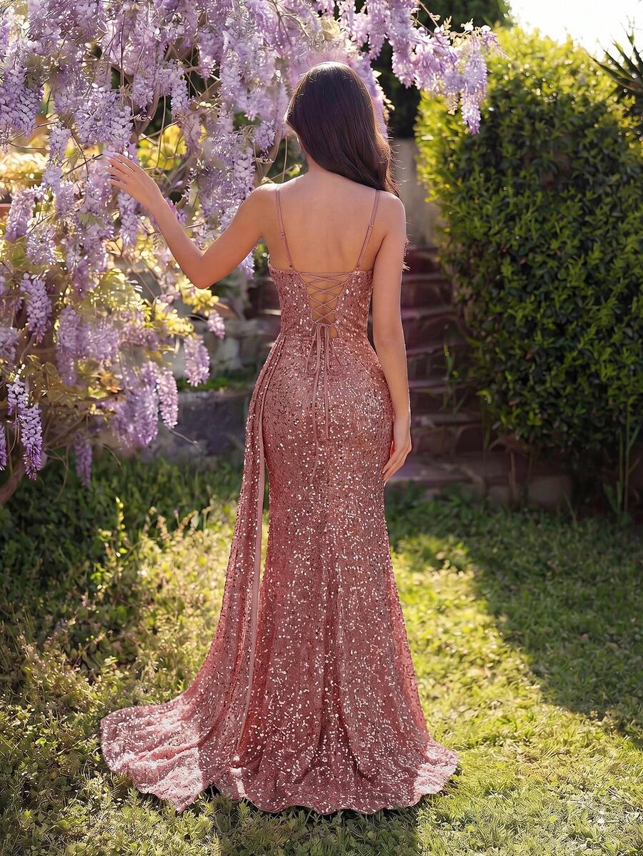 Elegant Sequin Spaghetti Strap Rhinestone Patchwork Fishbone High Waist High Slit Tie Back Open Back Evening Dress Fall