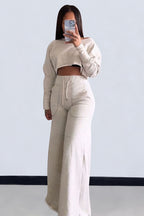 Plain Long Sleeve Crop Sweatshirt Pocket Wide Leg Pants Matching Set-Gray