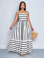 Women's Blue And White Stripe Flowing Maxi Dress,Summer Elegant Holiday Tea Party Holiday,Shoulder Straps Chest Gathering,Beach Casual Gown