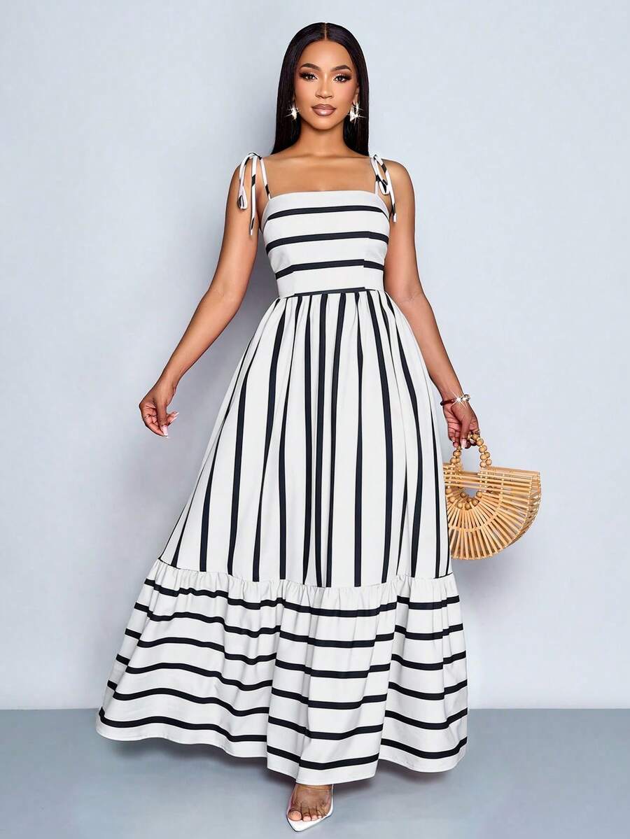 Women's Blue And White Stripe Flowing Maxi Dress,Summer Elegant Holiday Tea Party Holiday,Shoulder Straps Chest Gathering,Beach Casual Gown