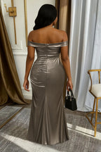 Off Shoulder Wrinkle Slit Metallic Party Maxi Dresses-Grey