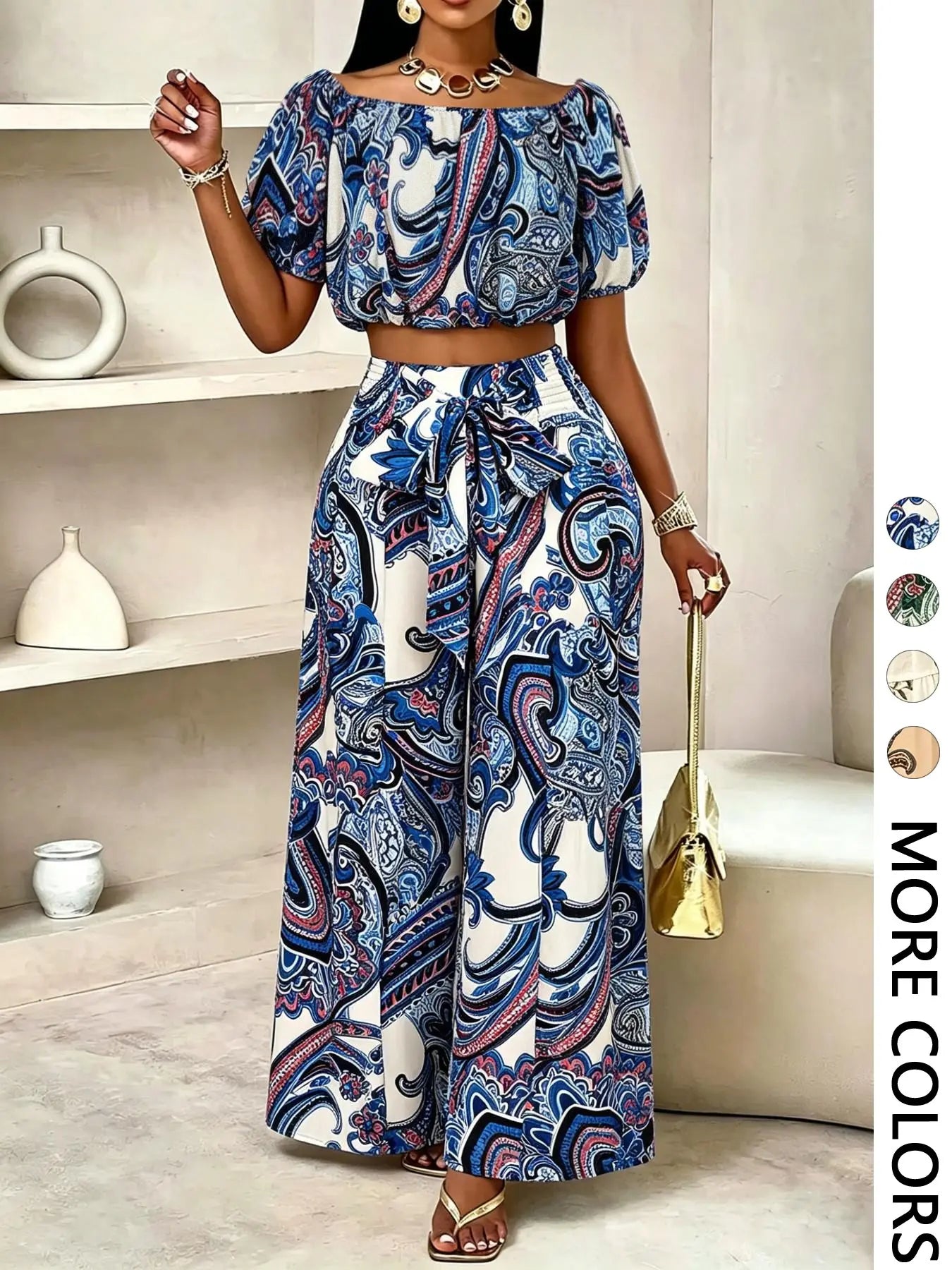 Women's Summer Paisley Print Vintage Vacation Two-Piece Set, Off-Shoulder Bubble Sleeve Crop Top + High Waist Drawstring Wide Leg Pants
