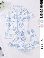 Women's All Over Print Button Front Top & Elastic Waist Shorts Pyjama Two-piece Set
