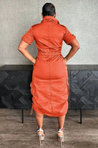 Stand Collar Zipper Drawstring Waist Pocket Midi Dresses-Green