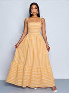 Women's Blue And White Stripe Flowing Maxi Dress,Summer Elegant Holiday Tea Party Holiday,Shoulder Straps Chest Gathering,Beach Casual Gown
