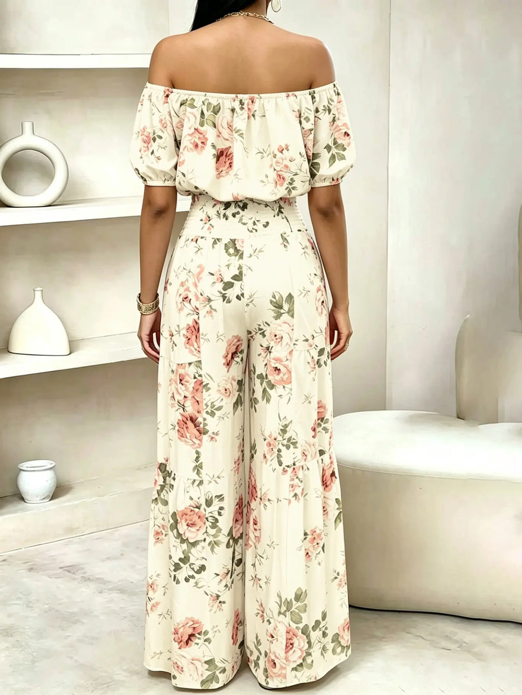 Women's Summer Paisley Print Vintage Vacation Two-Piece Set, Off-Shoulder Bubble Sleeve Crop Top + High Waist Drawstring Wide Leg Pants