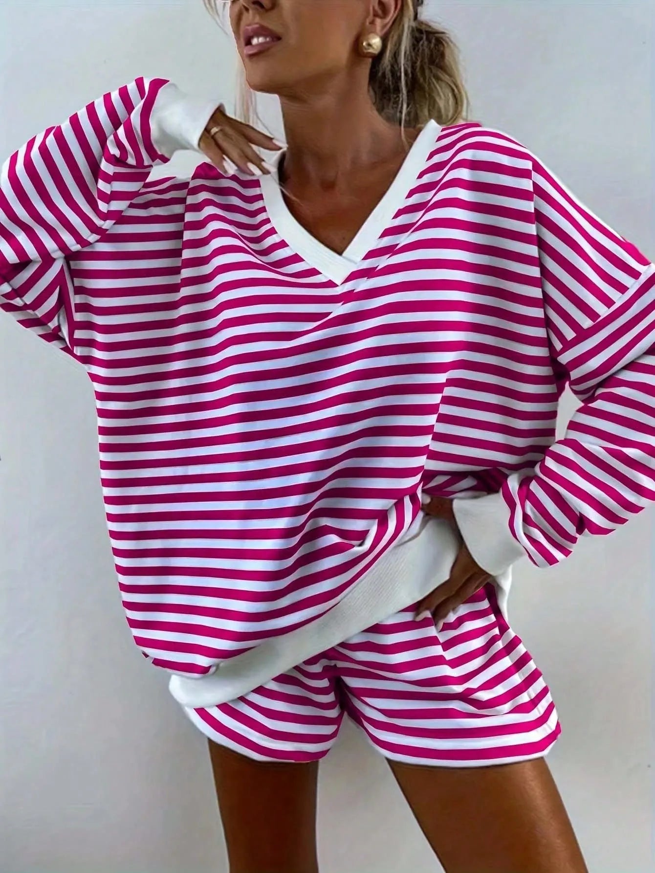 2pcs Women's Classic Striped Pajama Set, Long-Sleeved Pajama Shorts Set, V-Neck Design, Multiple Colors, Stylish, Casual, And Comfortable Pajama Set
