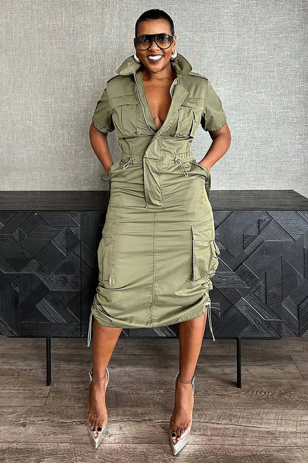 Stand Collar Zipper Drawstring Waist Pocket Midi Dresses-Green