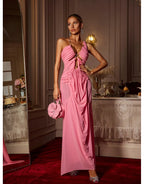 Daiki Halterneck Ruched Maxi Dress In Champagne