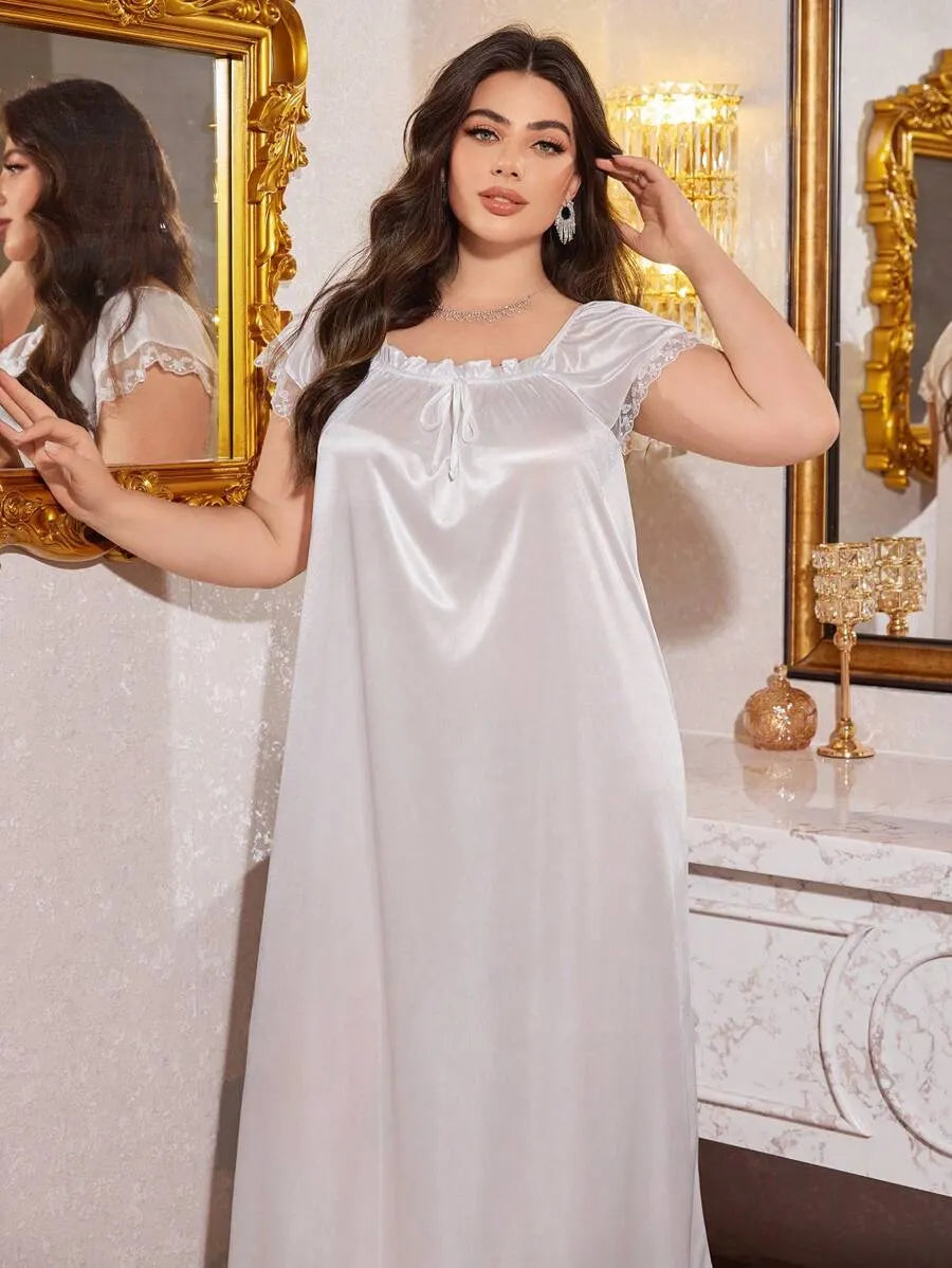MuseNap CURVE Plus Size Women Pleated Square Collar Embroidered Satin Nightgown