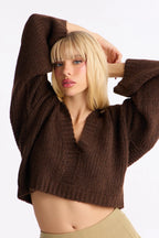 Warm Embrace Oversized V Neck Sweater - Chocolate