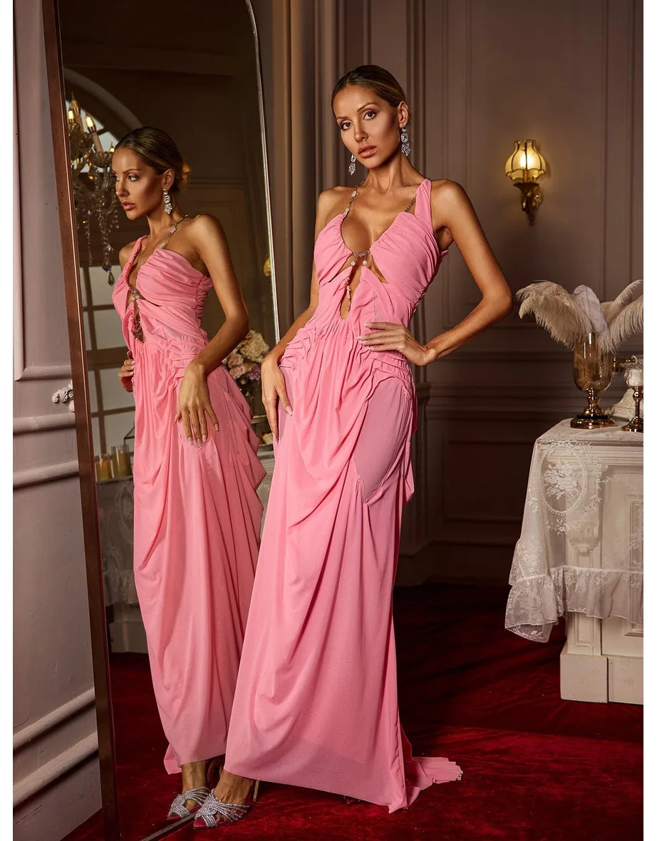 Daiki Halterneck Ruched Maxi Dress In Champagne