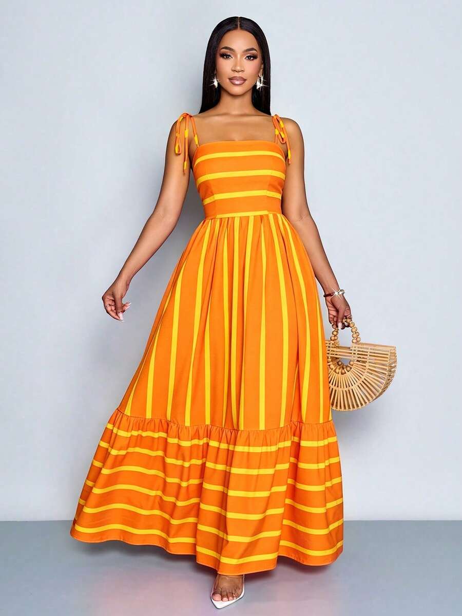 Women's Blue And White Stripe Flowing Maxi Dress,Summer Elegant Holiday Tea Party Holiday,Shoulder Straps Chest Gathering,Beach Casual Gown