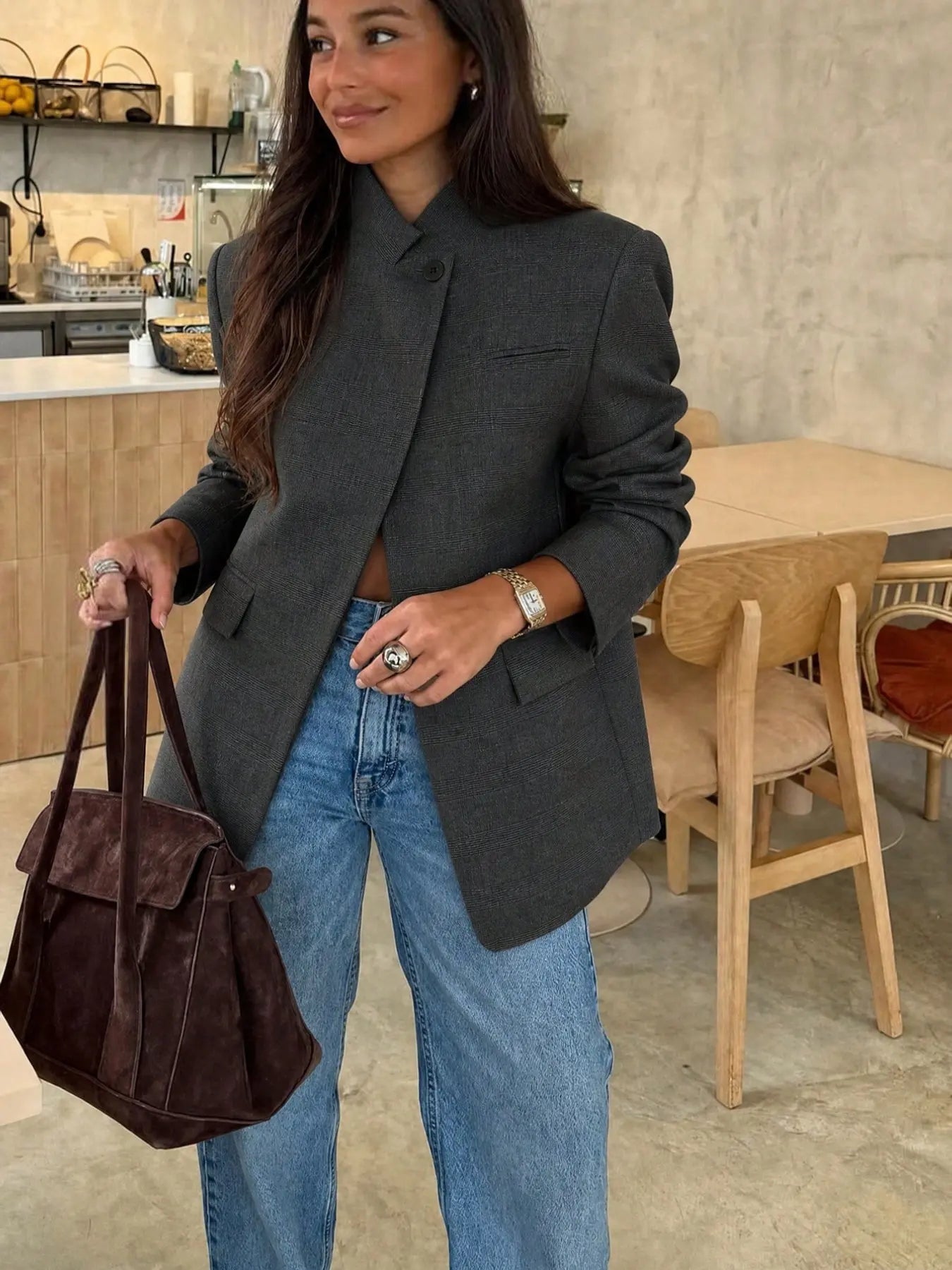 Women's New Spring & Summer Plaid Lightweight Asymmetric Casual Suit Blazer, High-End Elegant Asymmetrical Vintage Design, Women's Fashionable Clothing