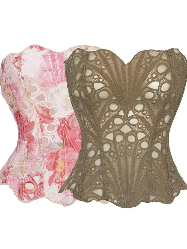 Women's Random Pattern Lace Up Shapewear Tube Top, Elegant Contrast Lace Corset Top, Tummy Control Shapewear for Women