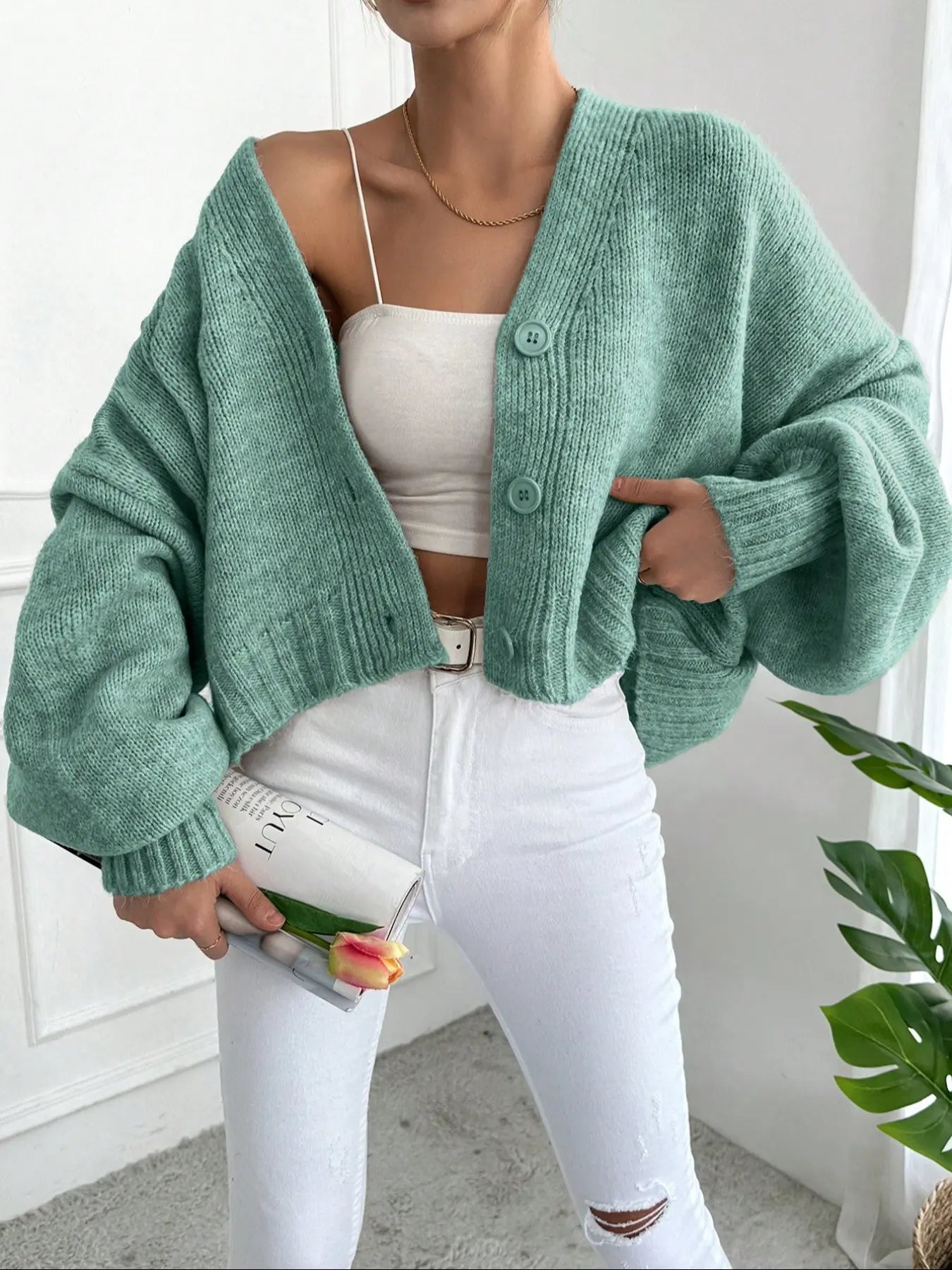 Women's V Neck Lantern Sleeve Sweater, Casual Baggy Loose-Fit Knitted Cardigan, Fall & Winter Fashion, Plain Color, One Button Design, Knitwear, Long Sleeve Tops