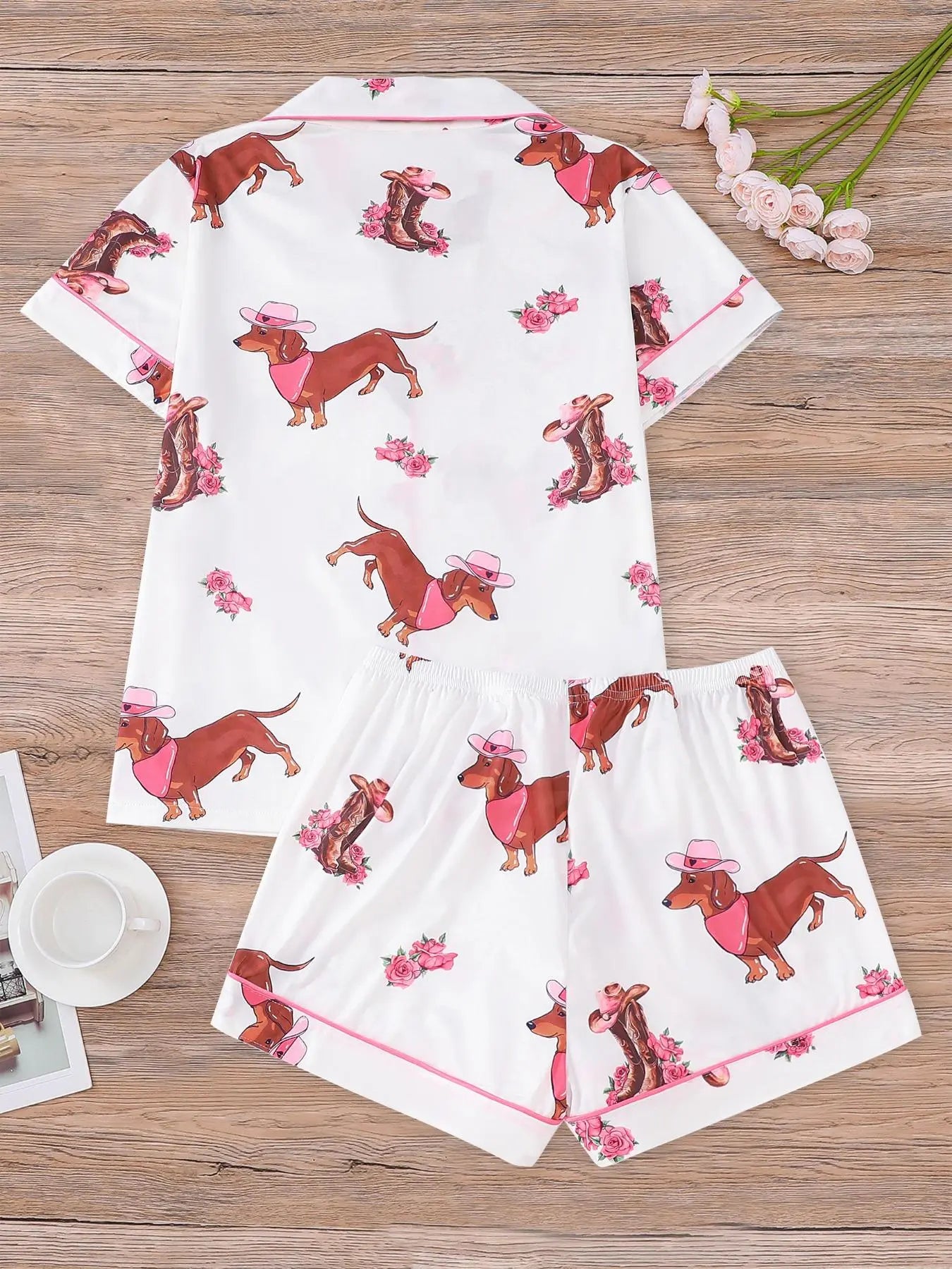 Women's All Over Dachshund Print Shirt & Elastic Waist Shorts Pyjama Two-piece Set
