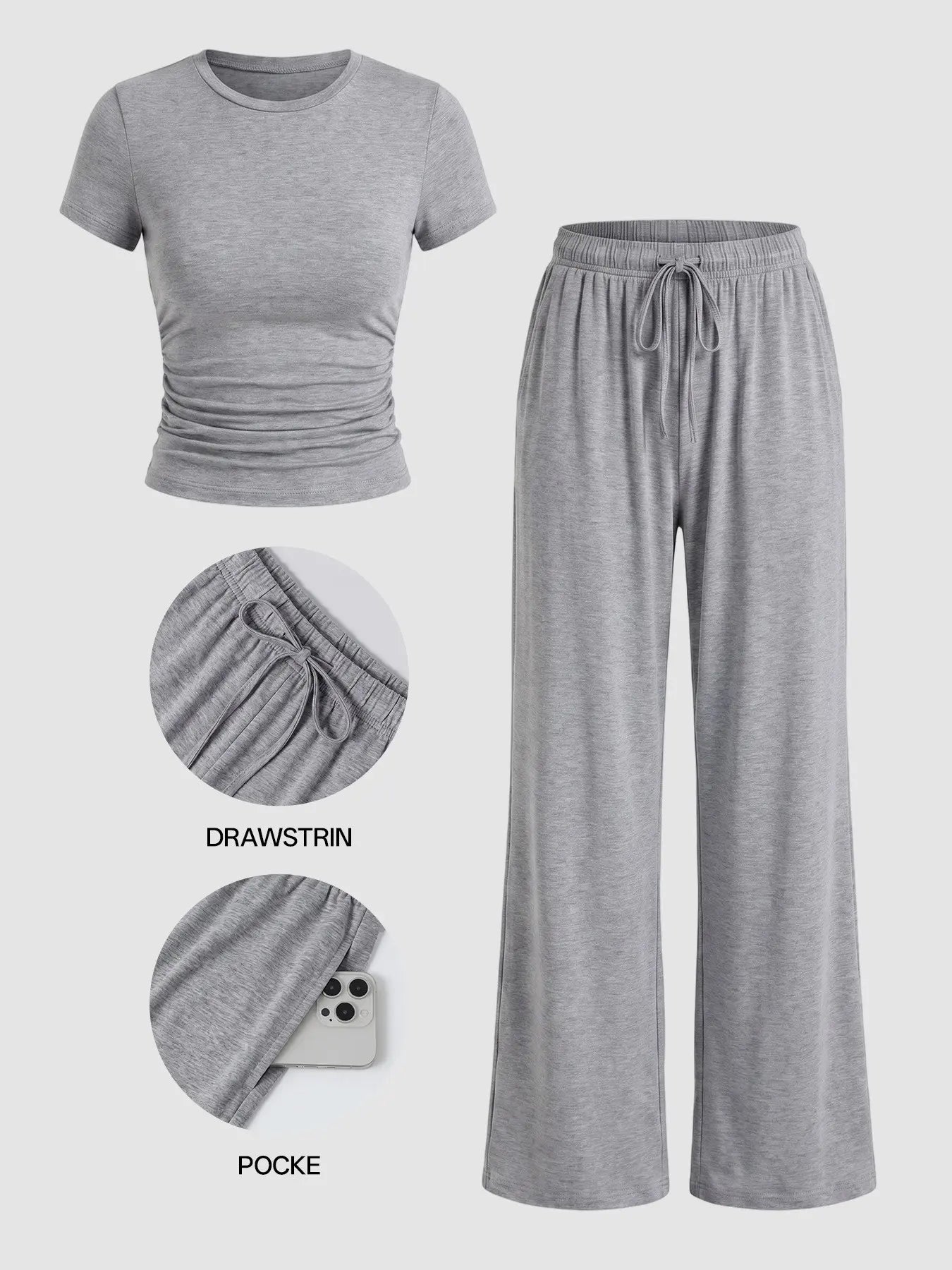 Ladies Autumn Casual Home Lounge Set, High Stretch Soft Fabric, Crew Neck, Wide Leg Tracksuit Pants, 2-Piece, Comfortable & Flattering