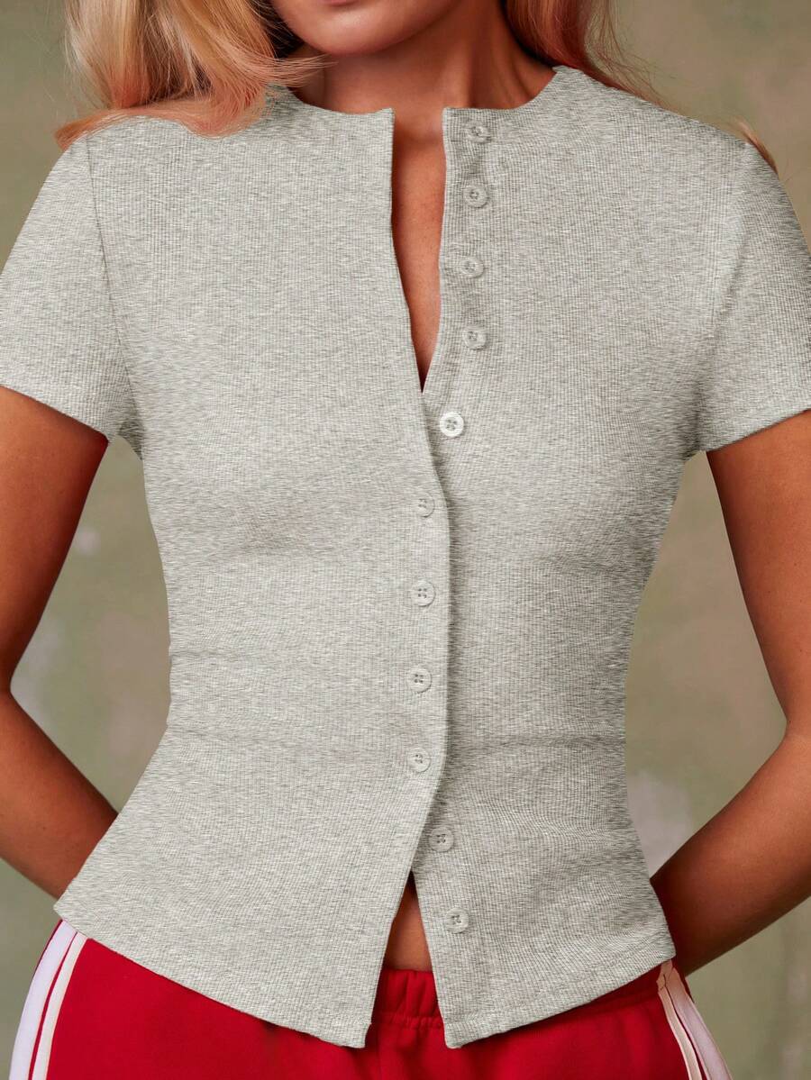 Women's Casual Red Single-Breasted Short Sleeve Fitted Top,Red Top,Christmas, Cute Vacation,Resort Wear,Summer Holiday,Spring,Spring Break,Beach