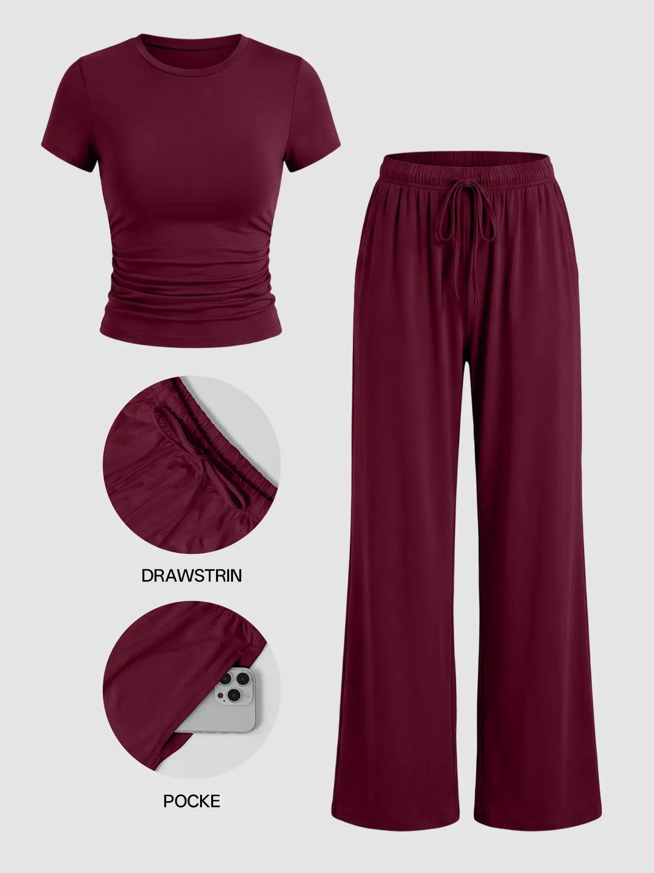 Ladies Autumn Casual Home Lounge Set, High Stretch Soft Fabric, Crew Neck, Wide Leg Tracksuit Pants, 2-Piece, Comfortable & Flattering