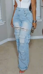 Women Patchwork Multi-pocket Rhinestone Washed Casual Jeans