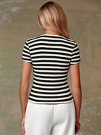 Women's Casual Red Single-Breasted Short Sleeve Fitted Top,Red Top,Christmas, Cute Vacation,Resort Wear,Summer Holiday,Spring,Spring Break,Beach